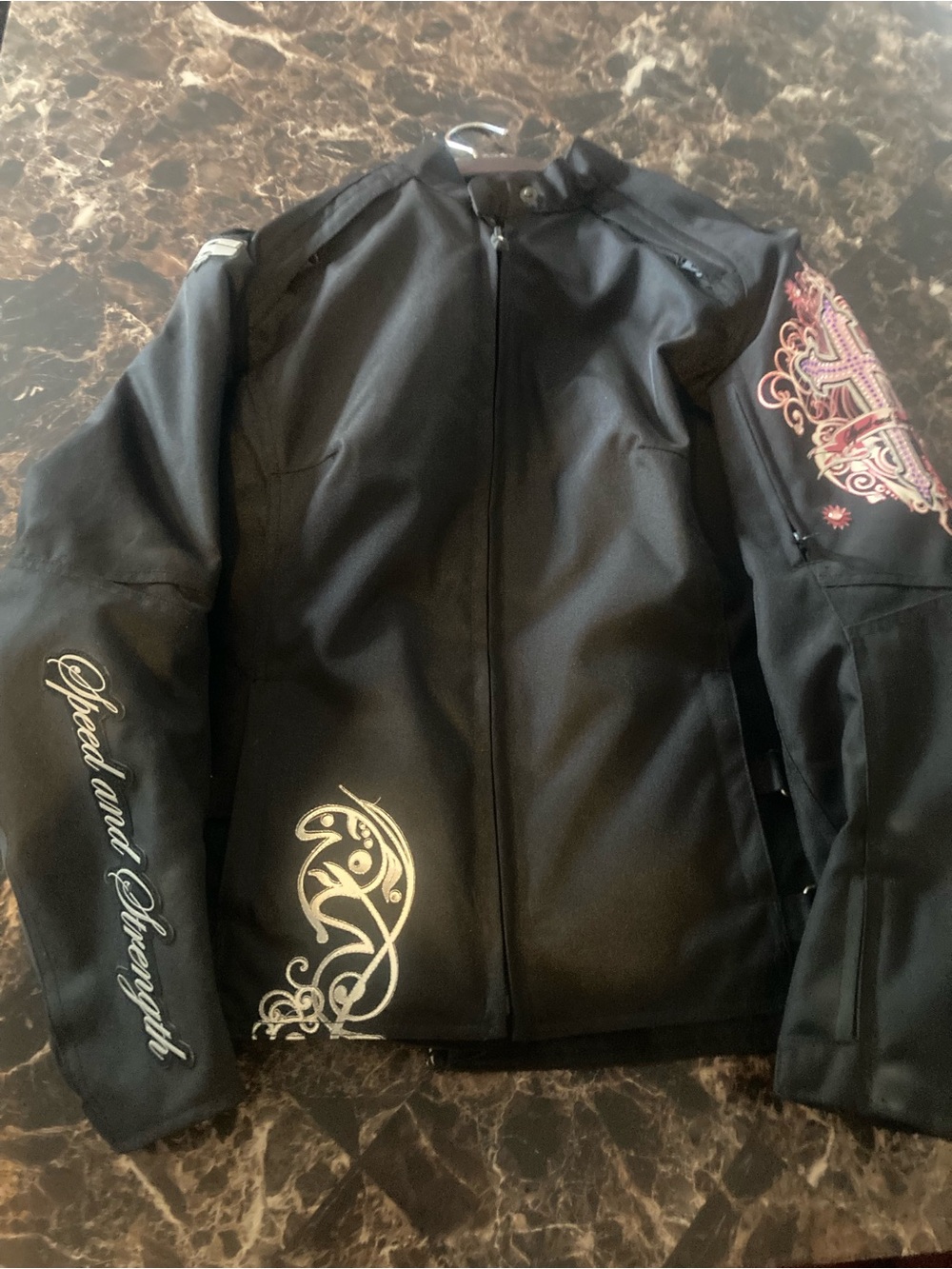 Women's Black and pink  Embroidered Biker  Jacket - Spread and Strength